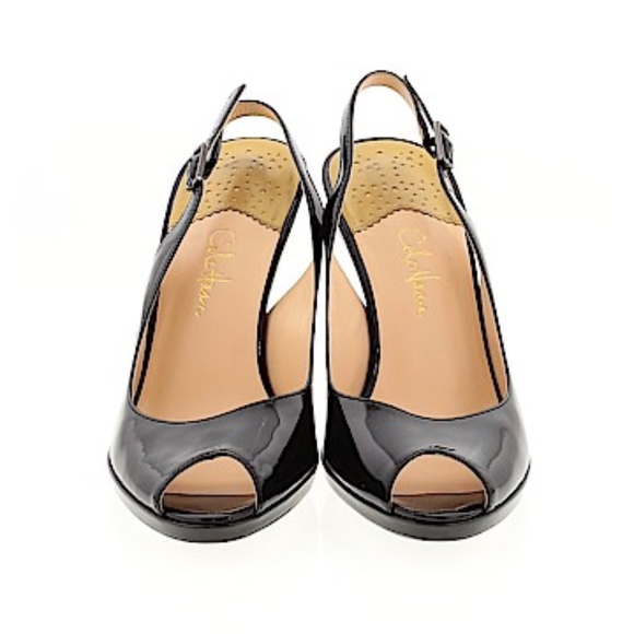 Cole Haan Black patent leather peep toe sling back heels size 7 - Picture 2 of 2